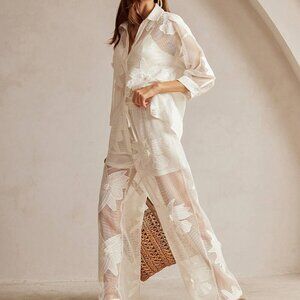 White Casual Women's Set French Romantic Hollow Embroidery Floral Outfit